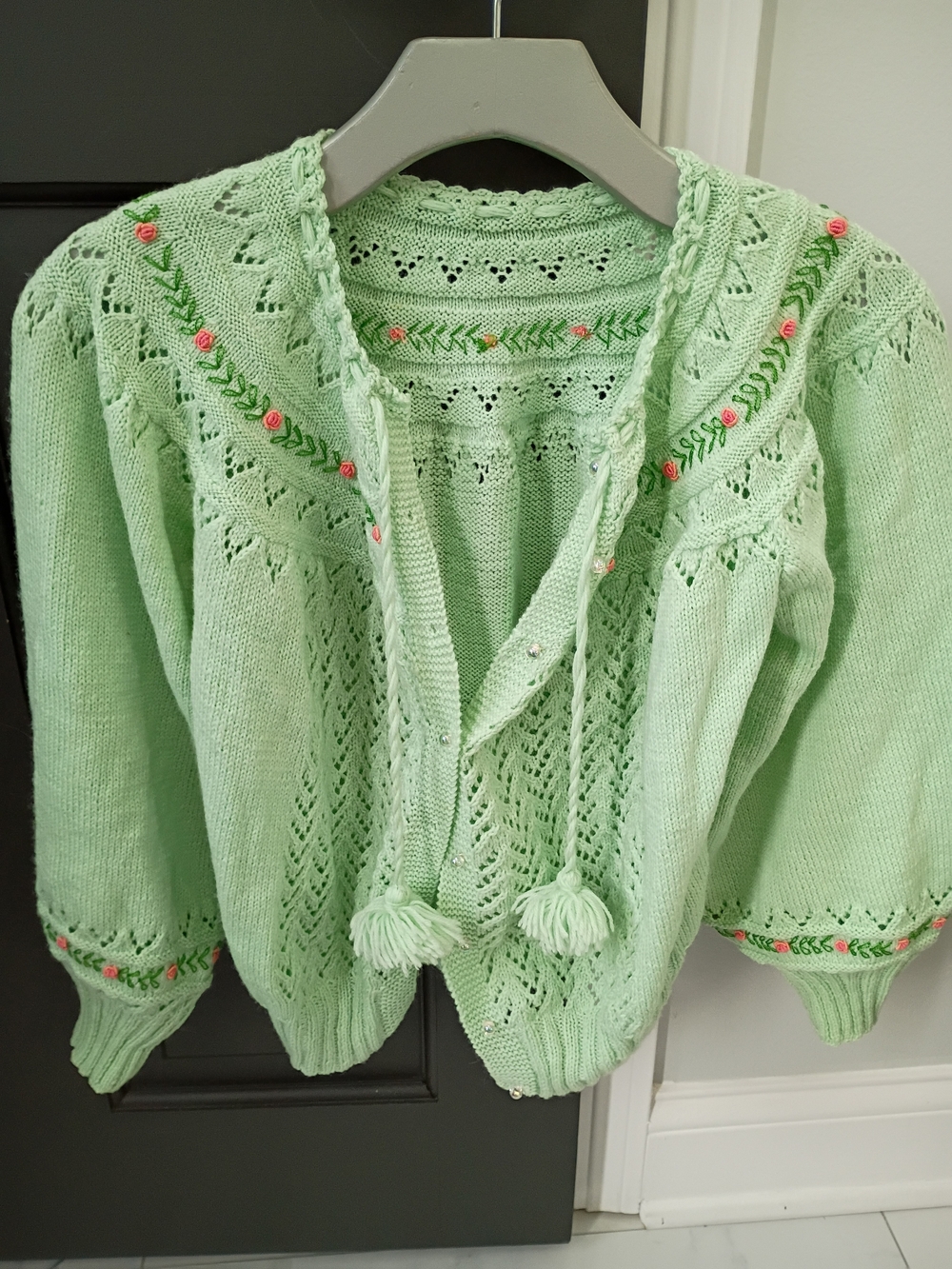 Mint Green Hooded Knit Cardigan with Floral Embroidery